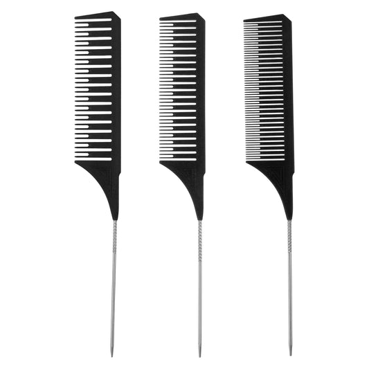 Lusofie 3Pack Highlighting Comb Hair Teasing Parting Comb with Long Stainless Steel Rat Tail Weaving Combs for Highlighting Hair Stylist Salon Barbershop Home(Black)