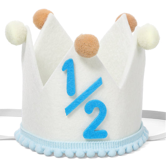 DIVINA VITAE Half Birthday Hat for Baby Boys, 6 Months Milestone Crown with Felt Numbers and Pom-Poms, Cream and Blue Half Birthday Decorations for Photo Prop and Party