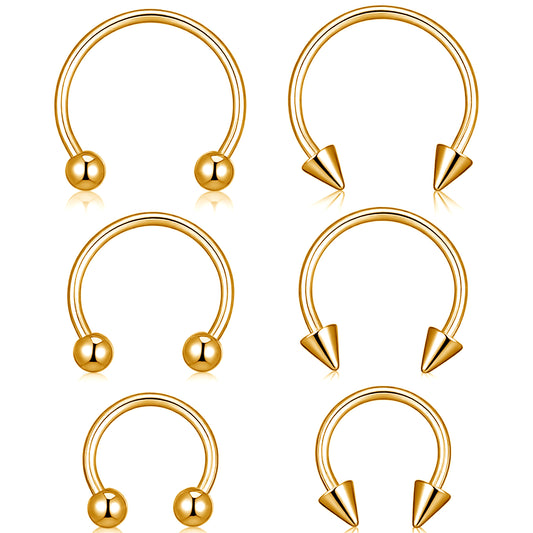 Yolev 6pcs Horseshoe Nose Ring 16g Surgical Steel Septum Piercing Jewellery Horseshoe Hoop Earring Lip Rings Ear Helix Cartilage Daith Conch Horse Shoe Nose Ring For Women Men 8/10/12mm Gold
