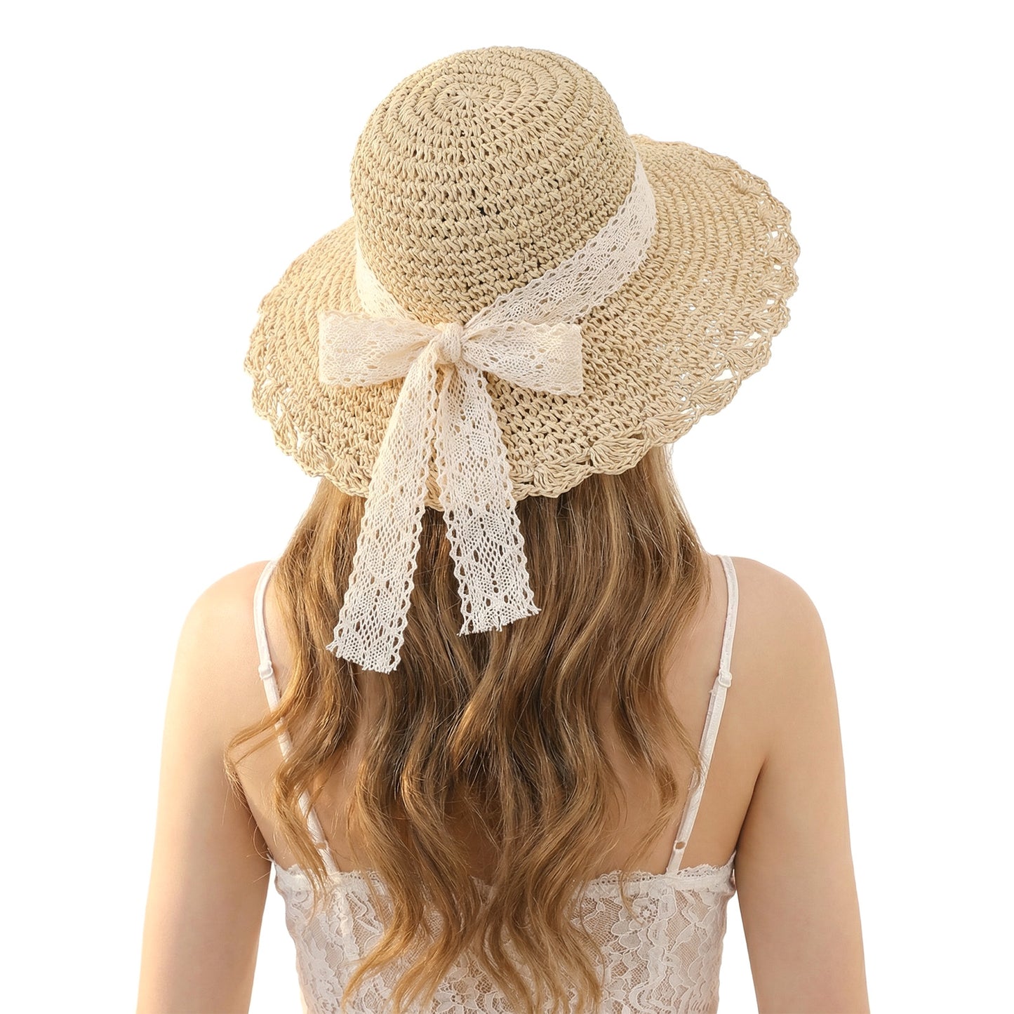 Neyauo Straw Beach Hat, Wide Brim Straw Sun Hat Foldable Travel Bucket Hats for Women UPF 50+ UV Protection Beige