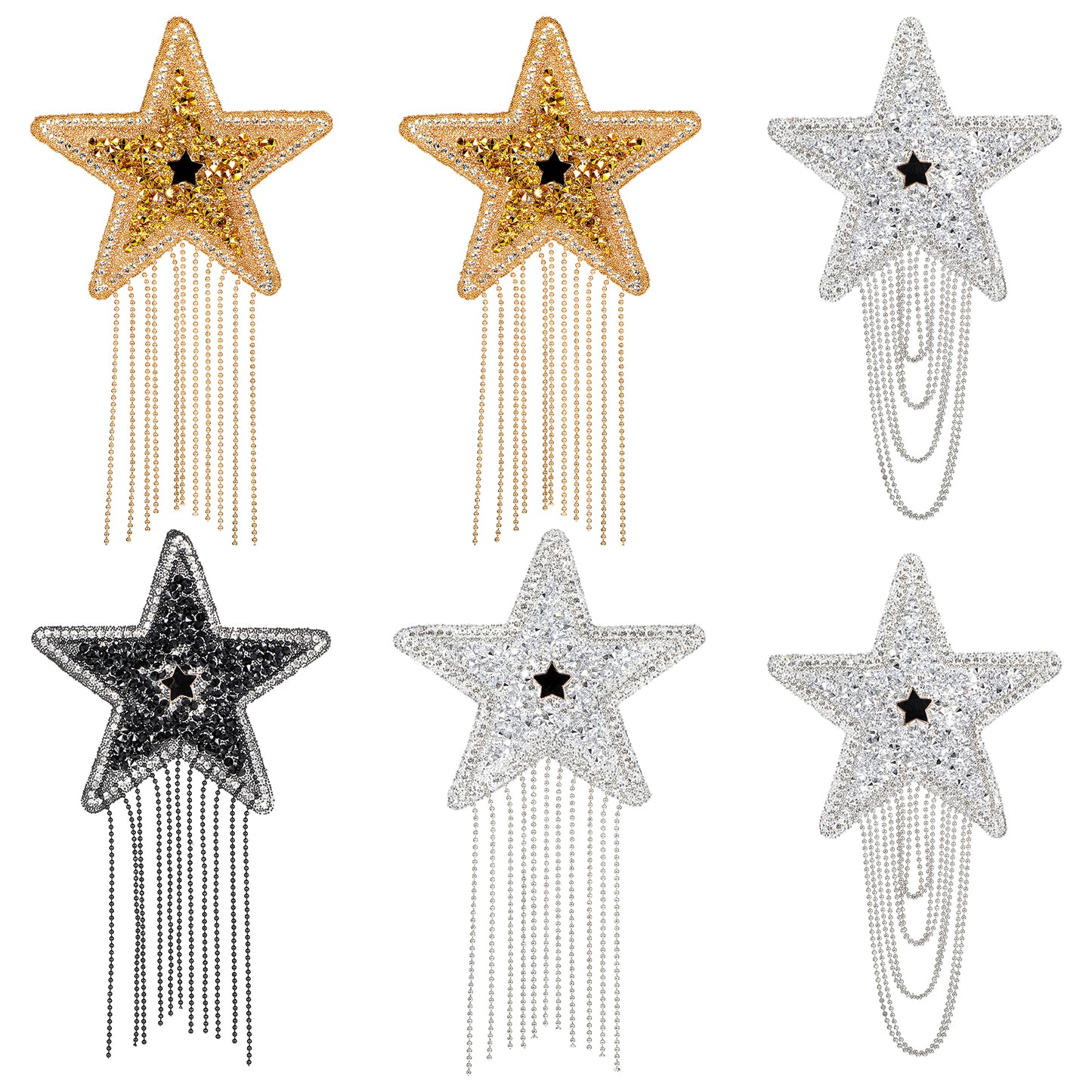 6PCS Rhinestone Tassel Star Iron-on Patches, Sparkling Five-Pointed Star Patches with Chains, Glitter Crystal Stars Applique Patch for DIY Hats, Bags, Clothes, Dresses, Tops, Pants, and Jeans