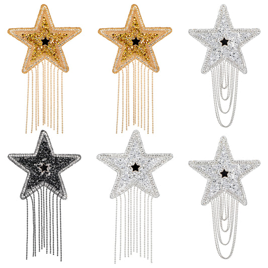 6PCS Rhinestone Tassel Star Iron-on Patches, Sparkling Five-Pointed Star Patches with Chains, Glitter Crystal Stars Applique Patch for DIY Hats, Bags, Clothes, Dresses, Tops, Pants, and Jeans
