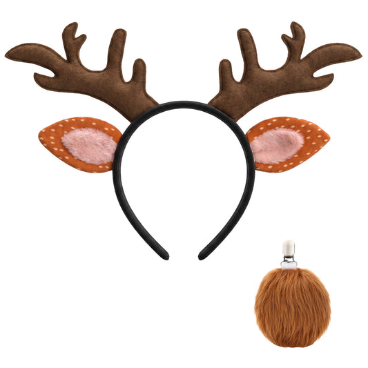 Women Halloween Deer Antlers Headband and Tail Cute Brown Deer Costume