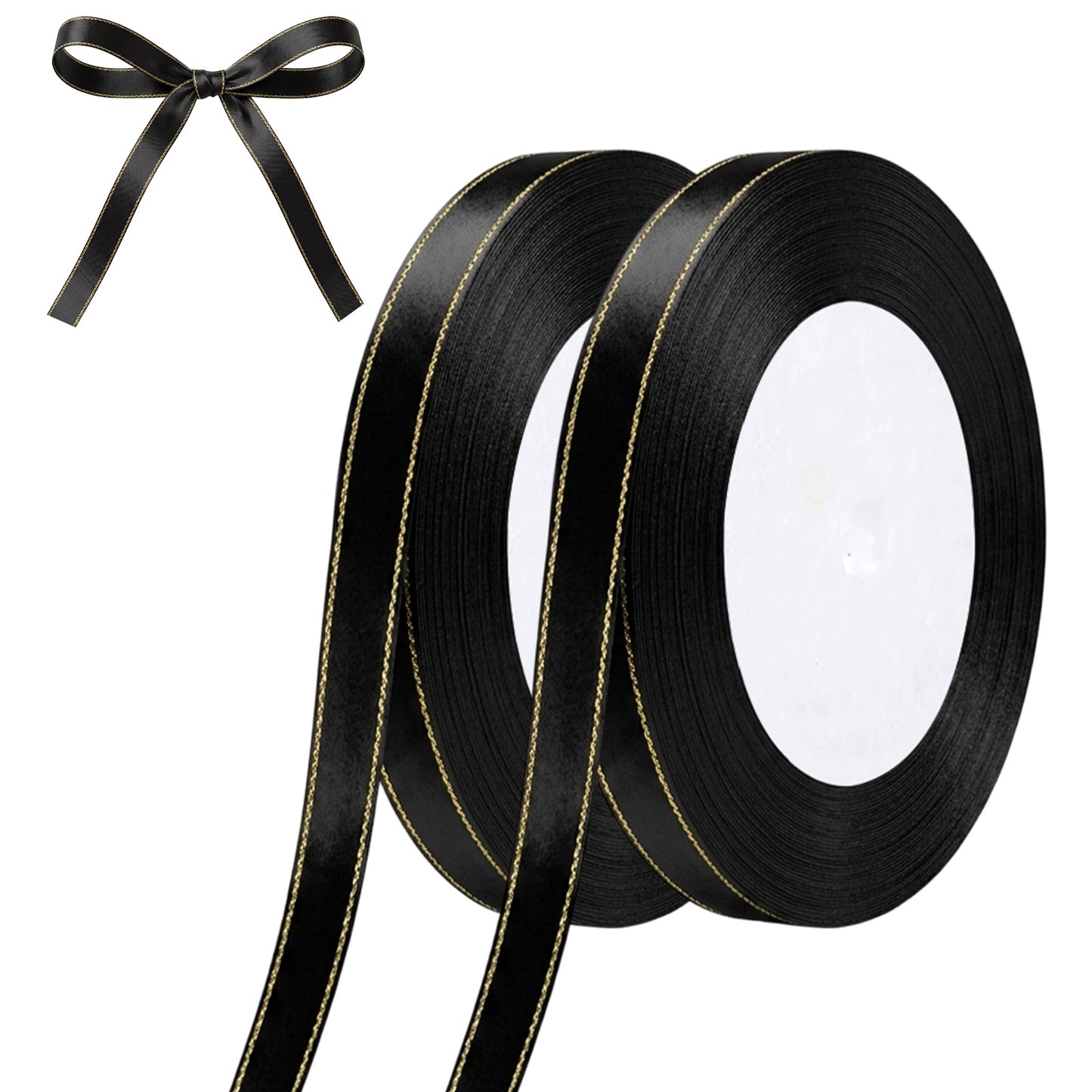 2 Rolls Black Satin Ribbon with Gold Edge 50 Yards 3/8 Inch Double Faced Satin Gold Border Fabric Ribbons Black Ribbon for Xmas Tree Gift Wrapping DIY Crafts Christmas Decor Wreath Bows Invitations