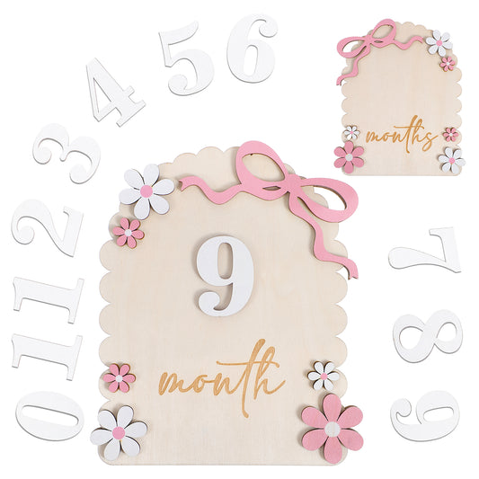 Wooden Baby Milestone Cards, Girls Milestone Baby Cards, Daisy Bow Wave Fringe Monthly Milestones Card with 11 Interchangeable Number, 30Pcs Glue Points for Babys Girl Growth Recording(Style C)