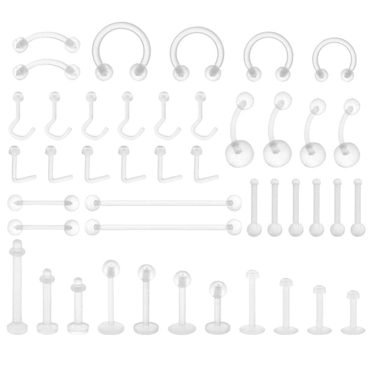 Yolev 43 Pcs Clear Piercing Retainer Set Acrylic Nose Rings Belly Rings Septum Eyebrow Tongue Lip Cartilage Earring Studs Industrial Bar Plastic Piercing Jewelry for Work Laboratory Clear