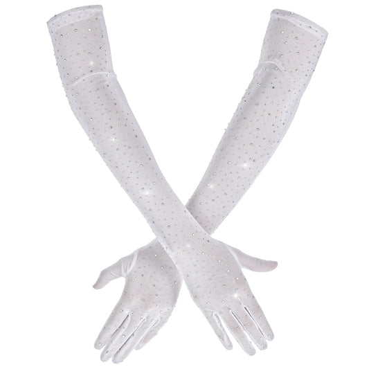 Lace Gloves Rhinestone Sheer Gloves Sparkly Fishnet Gloves Glitter Lace Gloves Long Mesh Arm Sleeve Elbow Length Tulle Gloves for Women Bridal Rave Halloween Evening Wedding Party 1920s