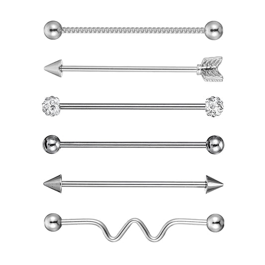 Tucnoeu 6pcs 14G Industrial Piercing Jewelry, Cartilage Helix Piercing Earring, Surgical Steel Industrial Barbell Earrings, Silver for Women Men