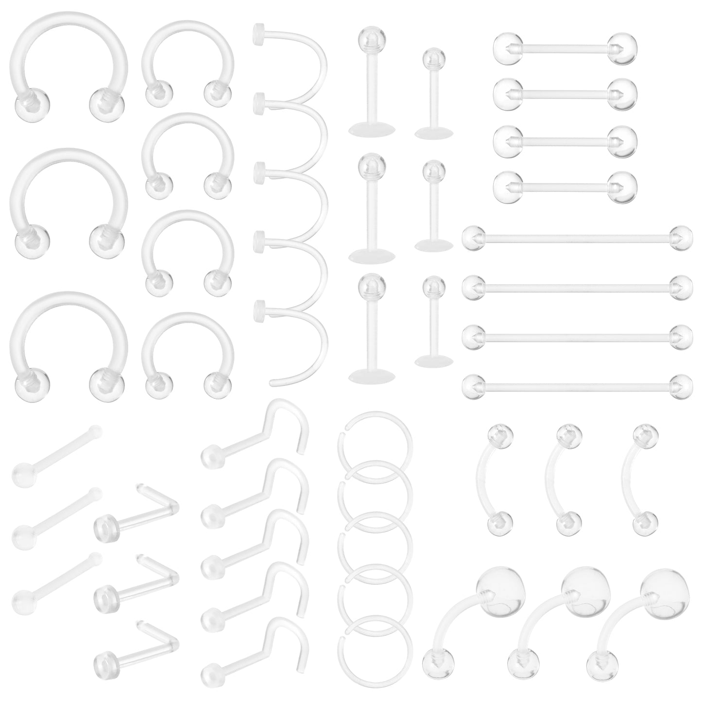 Yolev 48Pcs Clear Piercing Retainer Set for Surgery Sports - Ear Nose Septum Lip Eyebrow Clear Nose Rings Tongue Earring Retainer belly bar - plastic piercing jewellery