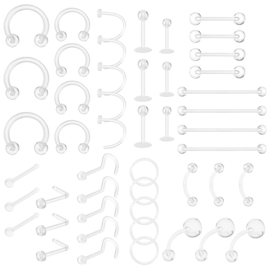Yolev 48Pcs Clear Piercing Retainer Set for Surgery Sports - Ear Nose Septum Lip Eyebrow Clear Nose Rings Tongue Earring Retainer belly bar - plastic piercing jewellery