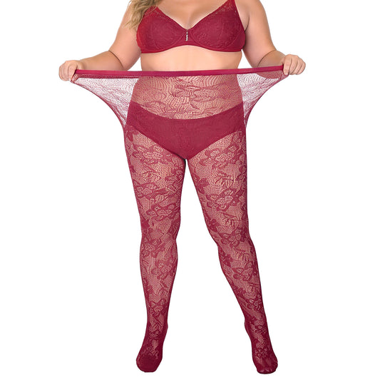 Lusofie 2pcs Plus Size Lace Tights Floral Pattern - High Waist Plus Size Stockings for Women - Comfortably Up to 230 lbs(Multicolor,Red)