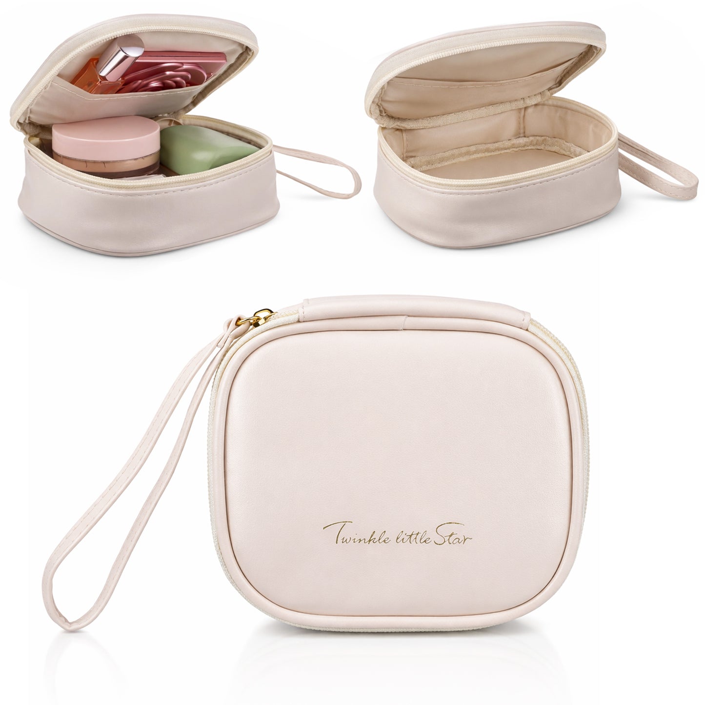 Mini Makeup Bag, PU Leather Small Cosmetic Pouch, Portable Travel Toiletry Bag with Zipper, Cute Cosmetic Bags Pouch for Women with Slip-in Pockets