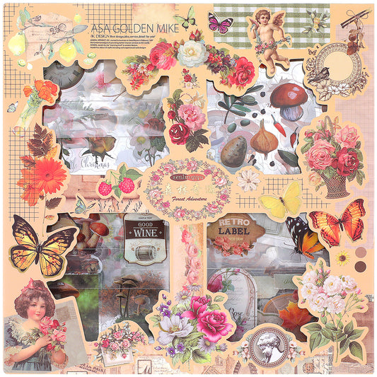 100Pcs Self Adhesive Plants Floral Scrapbook Stickers PET Butterfly Mushroom Maple Leaf Dead Leaves Daisy Platycodon Car Radio Stickers Forest Adventure Seriers Stickers Kit for Journal Crafts DIY