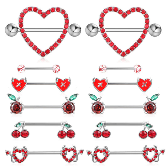 6 Pair 14G Nipple Rings for Women, 316L Stainless Steel Heart, Butterfly, Moon, Devil, Flower Nipple Barbell CZ Nipple Rings Set, Cute Nipplerings Piercing Jewelry
