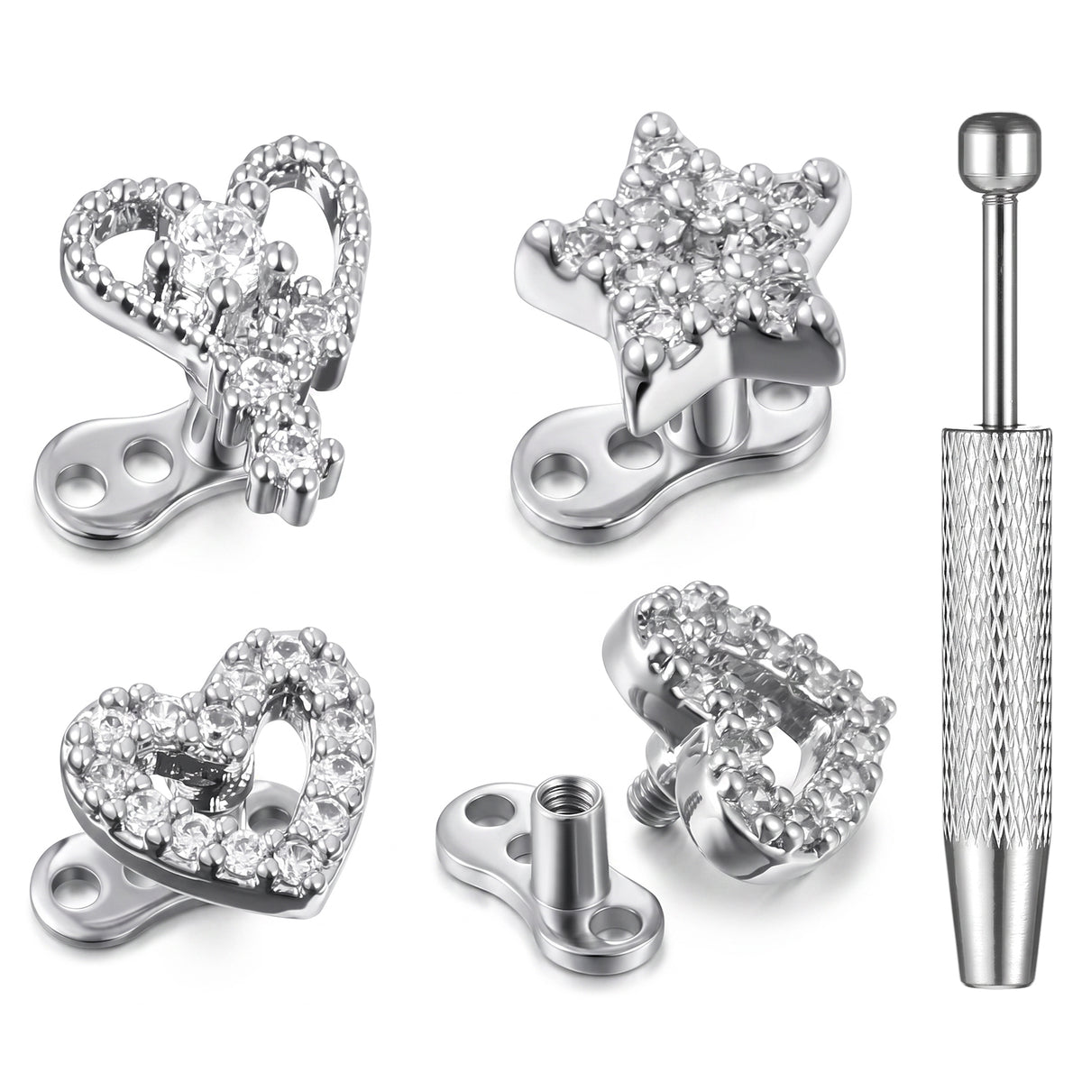 3Pcs Dermal Anchor Tops and Base 14G CZ Dermal Piercing Jewelry(Silver)