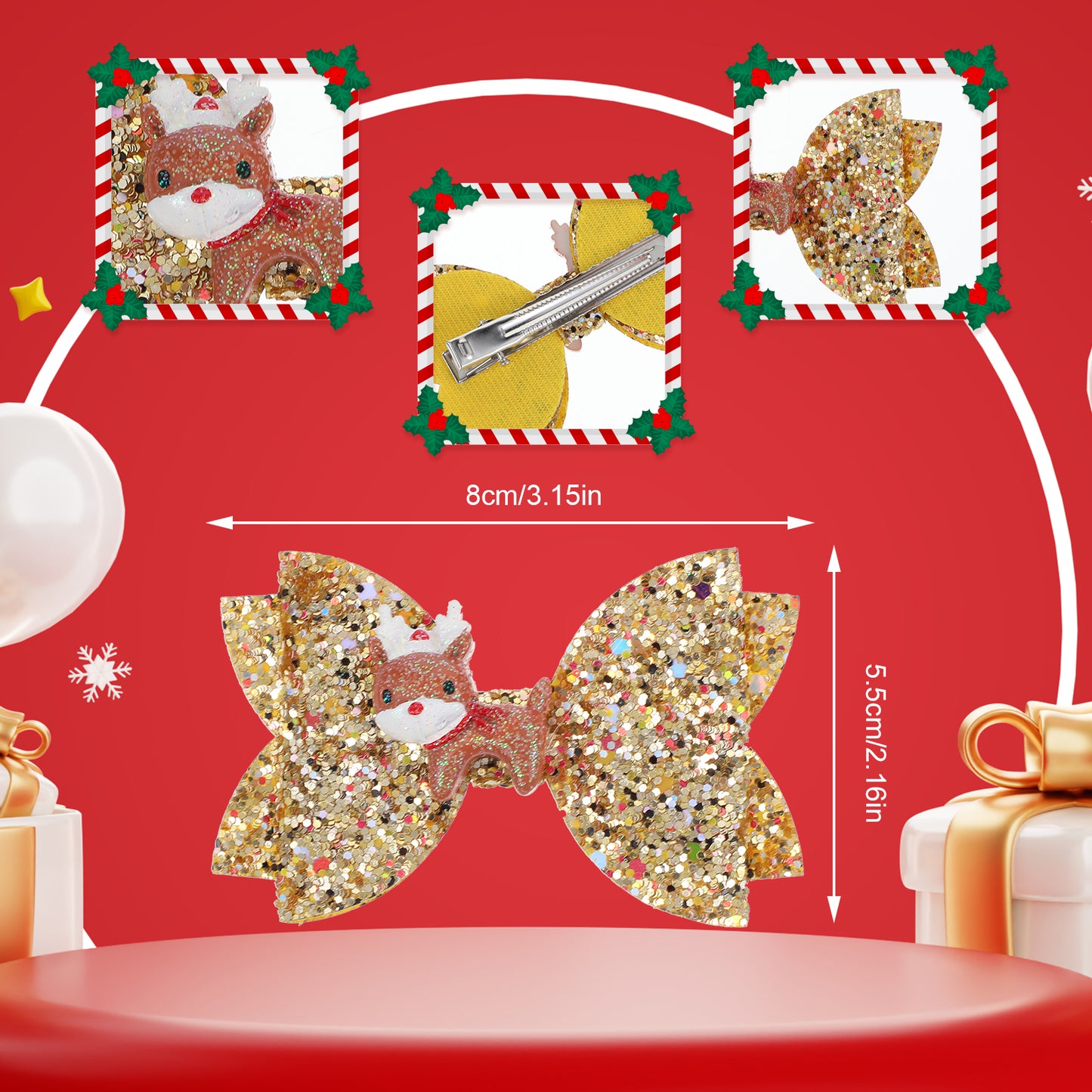 8 Pcs Christmas Bow Hair Clips Christmas Glitter Sequins Alligator Clips Santa Claus Christmas Tree Snowflower Elk Bow Hair Barrettes Christmas Hair Accessories Party Favors Gifts for Girls Women