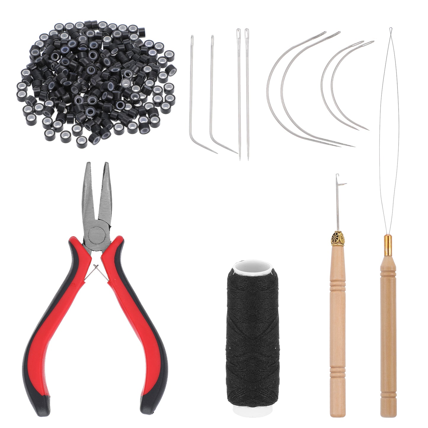 Neyauo Hair Extension Tools Kit, 200pcs Silicone Hair Beads, 1 Roll Sewing Thread, 1pcs Three Hole Hairs Pliers, Pulling Hook Needle, Loop Needle Threader, 8 Sewing Needles, Black