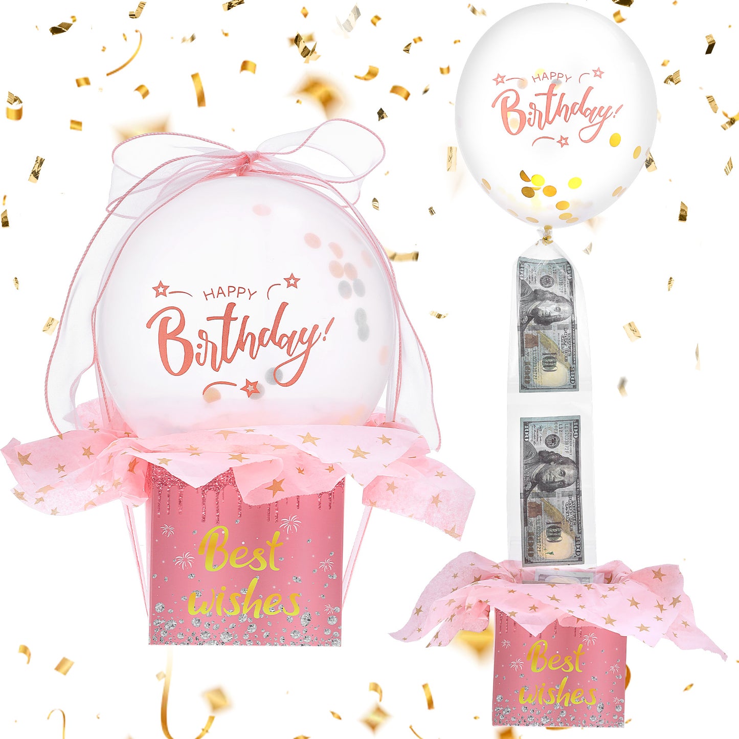 Birthday Money Pull Box, Funny Money Balloon Box for Cash Gift Birthday Surprise Gifts Set for Women Men Best Friend Girlfriend Wife Sister (Pink Gold)