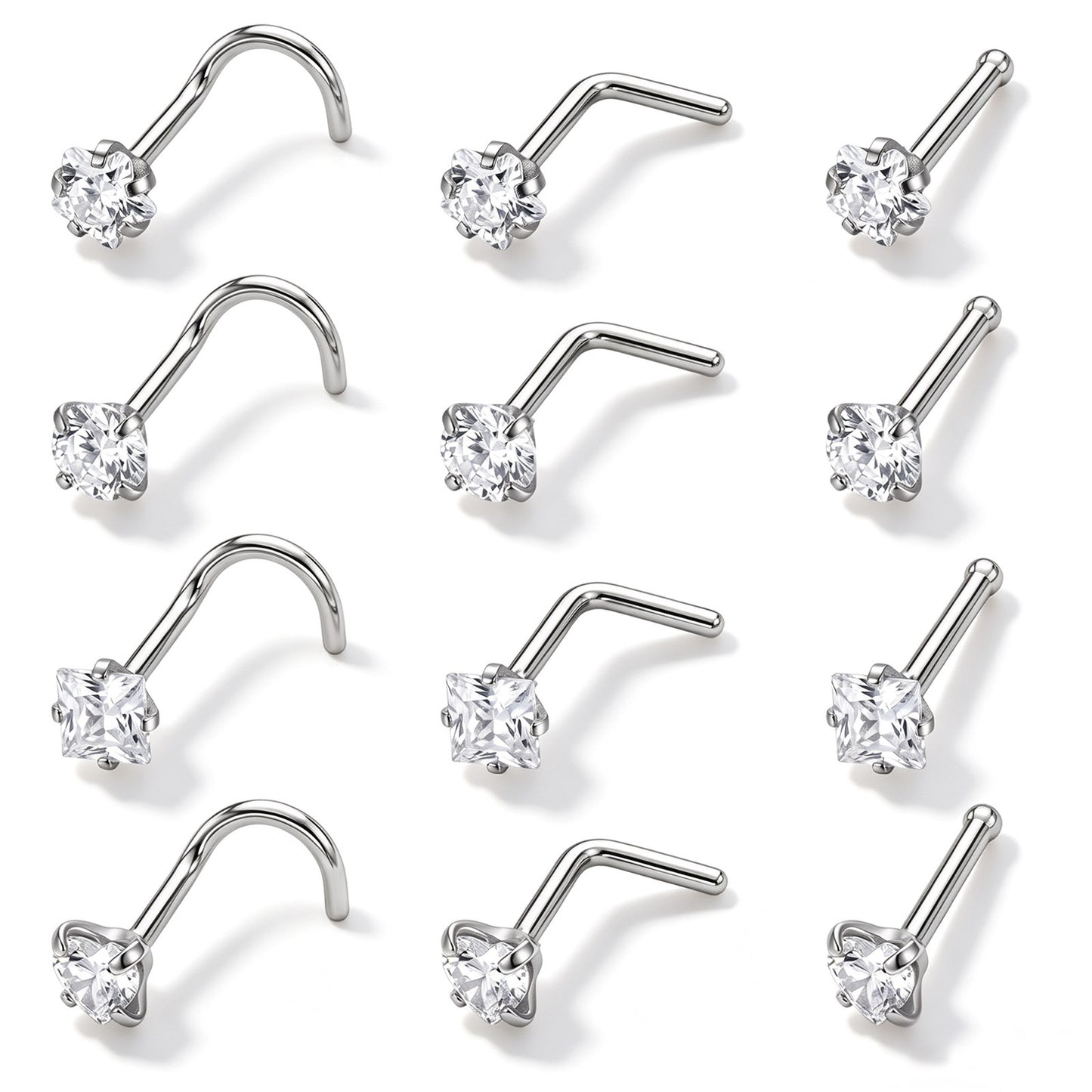 Fosaseua 12PCS 20G Stainless Steel Nose Rings Stud 3 Style