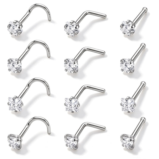 Fosaseua 12PCS 20G Stainless Steel Nose Rings Stud 3 Style