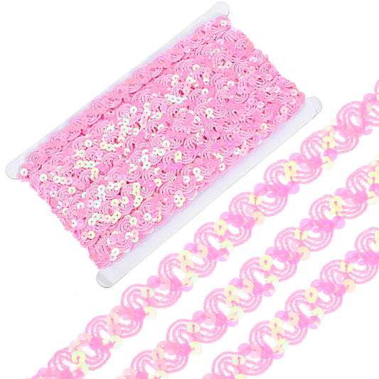 Pink Sequin Trim, Wavy Braided Ribbon, 12 Yards Polyester Fabric, Flat Sequins Beaded Strip, Rick Rack Wave Woven Trimming, Metallic Glitter RIC Rac, Sewing Craft Upholstery Home Decor DIY Supply