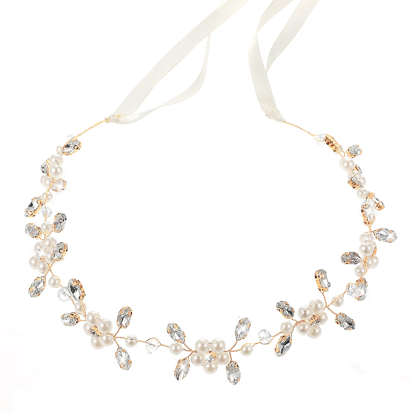 Flower Girl Headpiece with Streamers Gold Wedding Headband for Girl Crystal Pearl Flower Girl Hair Accessory for Wedding Birthday Party Photography First Communion (Gold)