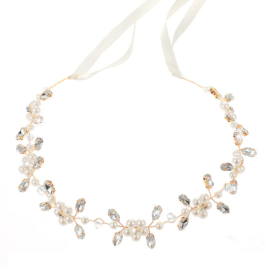 Flower Girl Headpiece with Streamers Gold Wedding Headband for Girl Crystal Pearl Flower Girl Hair Accessory for Wedding Birthday Party Photography First Communion (Gold)