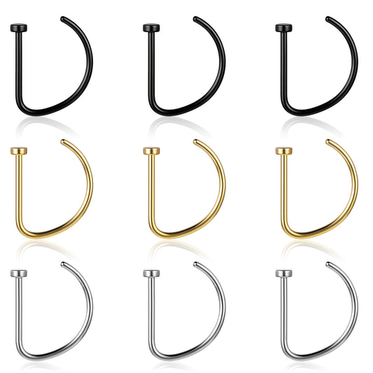 9Pcs Type D Fake Piercing Clip18G 10mm Multicolor Fake Nose Rings Hoops on Nose Lip Earrings Stud Stainless Steel Double Hoop Faux Septum Nose Rings for Women Men Ideal Gift
