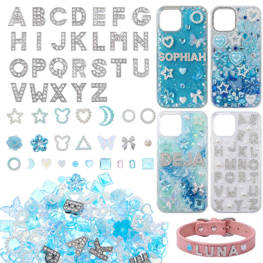 HaiFafafaing 330 Pcs Nail Charms- Blue Alphabet Letter Junk Phone Case Charm Kit - Y2K Plastic Charms With Bowtie Bag Letter Moon Blossom Sign Plastic Kits With DIY Phones Finger Nails Decorations