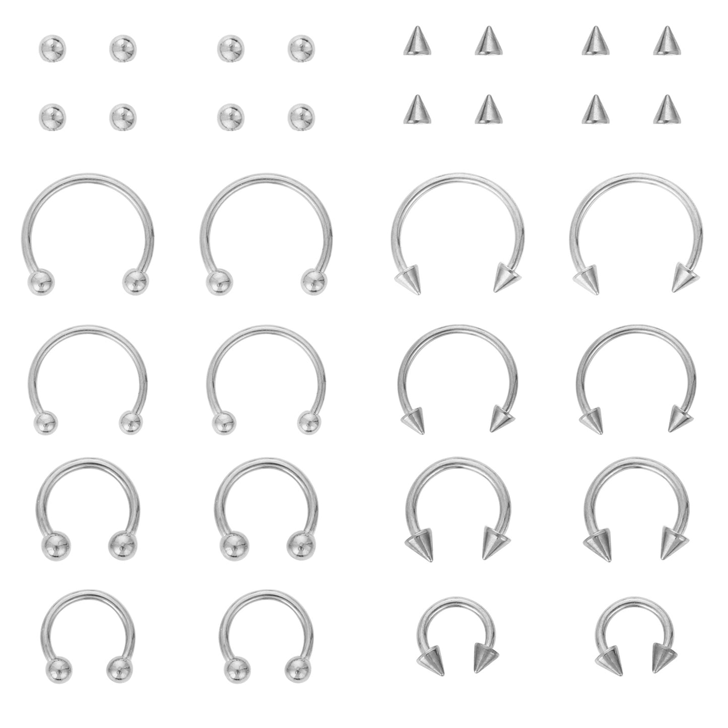 Yolev 16PCS Stainless Steel Nose Ring Septum Piercing Jewellery Horseshoe Piercing Jewelry Captive Bead Ring Helix Tragus Cartilage Earrings for Women Men(silver)