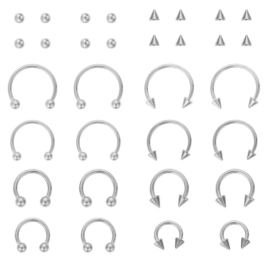 Yolev 16PCS Stainless Steel Nose Ring Septum Piercing Jewellery Horseshoe Piercing Jewelry Captive Bead Ring Helix Tragus Cartilage Earrings for Women Men(silver)