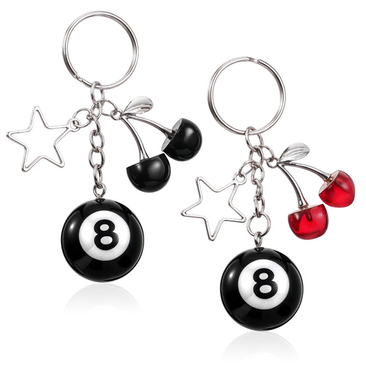 Tucnoeu 8 Ball Keychain, Red Cherry Keychain, Eight Ball Keychain with Star, Pool Ball Keychain, Creative Key Chain, Number Eight Black Billiard Keyring, Durable Resin Keychain for Keys, Bags,
