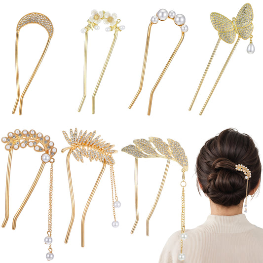 7pcs U Shaped French Hair Pins for Women,Fancy French Pins,Hair Fork Pins,Pearl Vintage Decorative Hair Pins, Butterfly Flower Hair Sticks,Ornament Jewelry Accessories for Women,Bridal Hair Clips