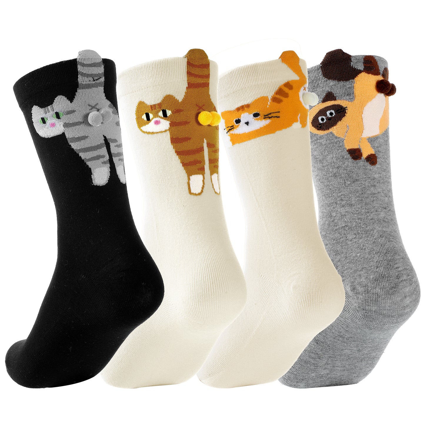 Josojoou 4 Pairs Cat Socks with Balls, Funny 3D Cat Ball Socks, Cute Womens Cats Sock for Cute and Novel Birthday, Christmas, or Everyday Gift, Gift for Cats Lovers, Suitable for Both Men and Women