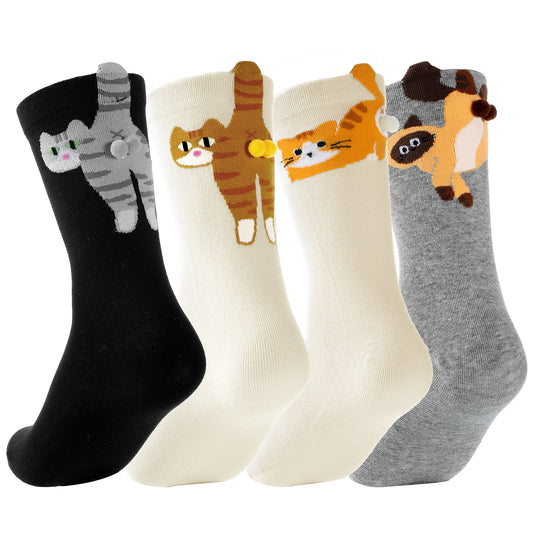 Josojoou 4 Pairs Cat Socks with Balls, Funny 3D Cat Ball Socks, Cute Womens Cats Sock for Cute and Novel Birthday, Christmas, or Everyday Gift, Gift for Cats Lovers, Suitable for Both Men and Women