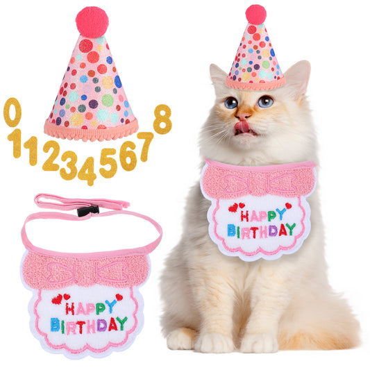 Telooco Cat Birthday Party Supplies, Pink Girl Cat Birthday Hat with Number Kitten Bandana Collar Bib Cats Party Decorations Outfits