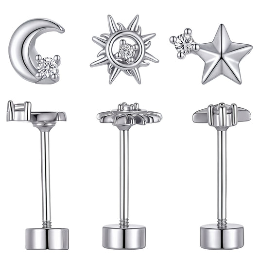 Flat Back Earrings - 3 Pairs Star Moon Sun Shape Silver Earrings Studs, Helix Tragus Cartilage Piercings Jewelry with Screws for Sensitive Ears for Men Women(20G/0.8mm)