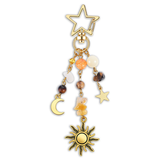 Neyauo Sun Moon Star Keychain, Gold Celestial Charm with Colorful Beads, Y2K Boho Purse Charm for Women Men, Handbag Backpack Decoration