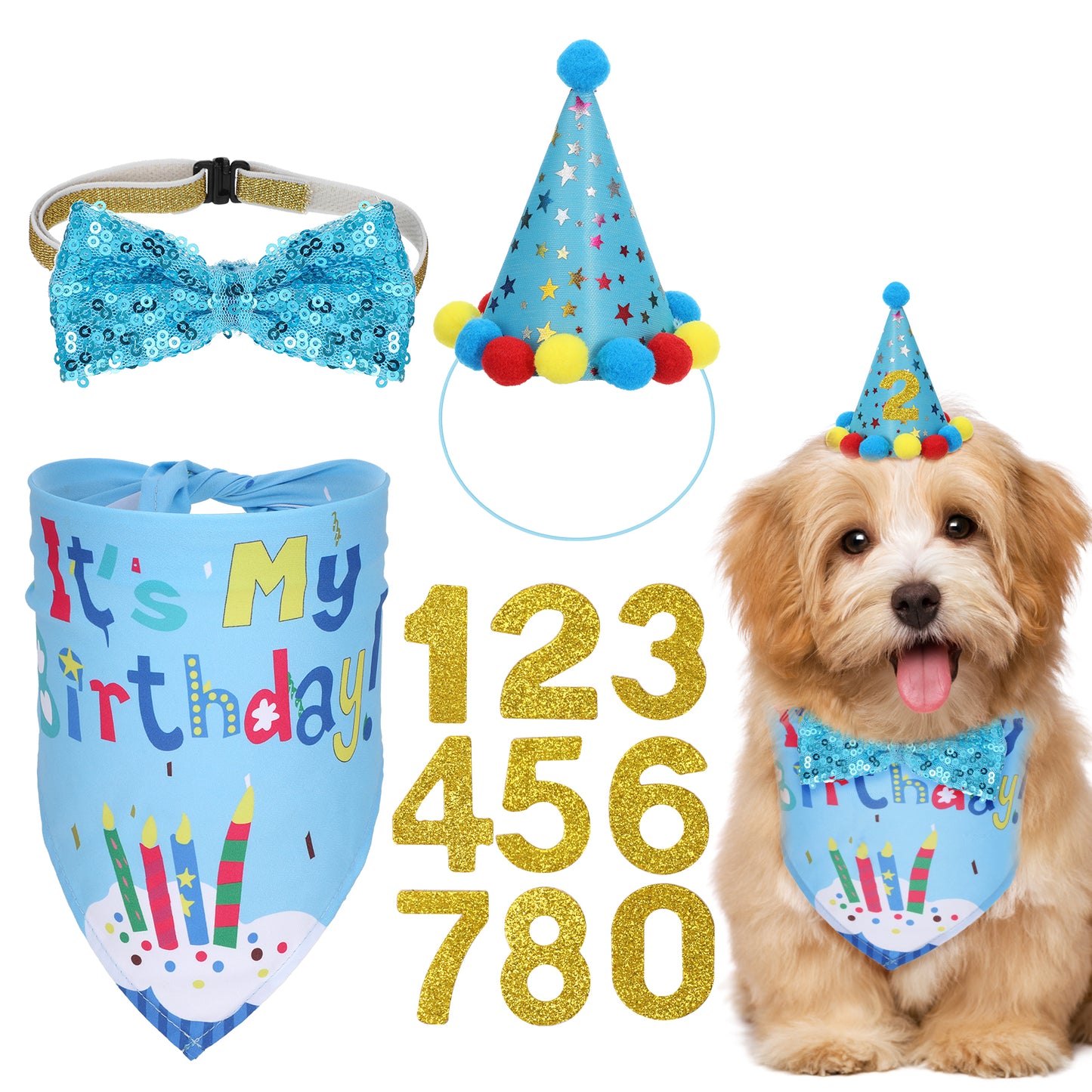 Dog Birthday Bandana, Dog Birthday Hat, Boy Dogs Party Birthday Numbers Hat Bow Tie for Pet Puppy Cat Birthdays Party Decorations, Pet Costumes Headwear Accessories(Light Blue C)