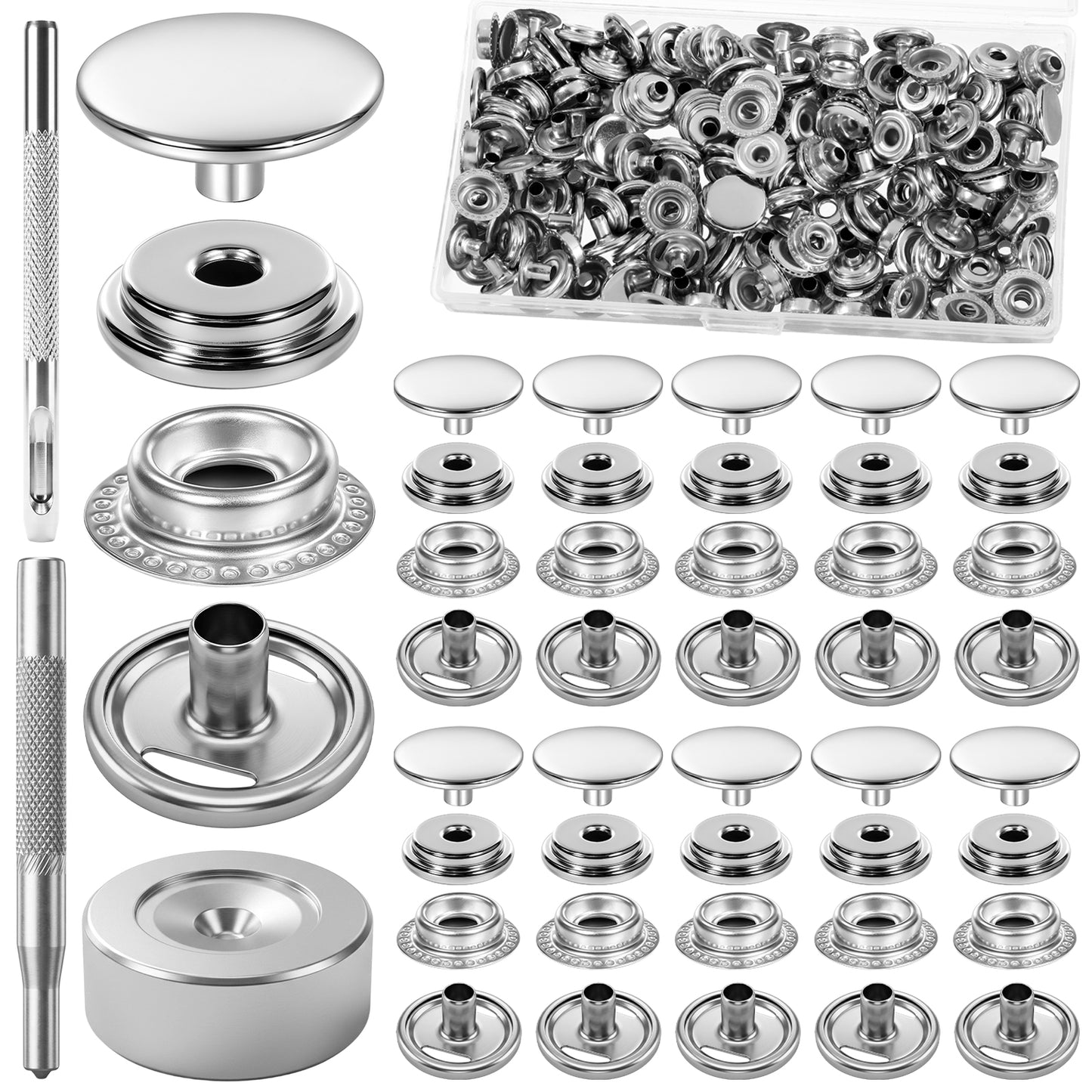 200Pcs(50 Sets) Heavy Duty Snap Buttons Kit 15 mm Stainless Steel Snap Fasteners Press Stud Cap with 3 Installation Tools for Boat Canvas, Bag, Clothing, Tents, Furniture Covers Leather DIY Craft