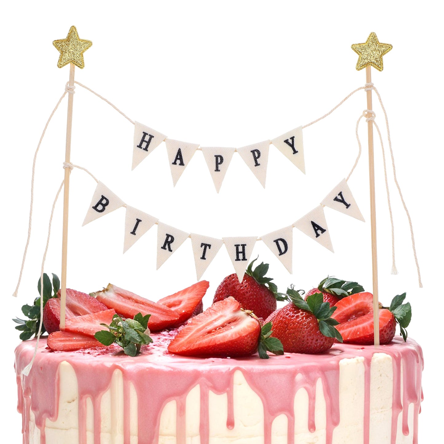 Yolev Happy Birthday Banner Cake Topper Ivory Handmade Mini Happy Birthday Banner with Wood Pole and Gold Star Happy Birthday Sign Garland Bunting for Cake Topper Party Decorations Supplies