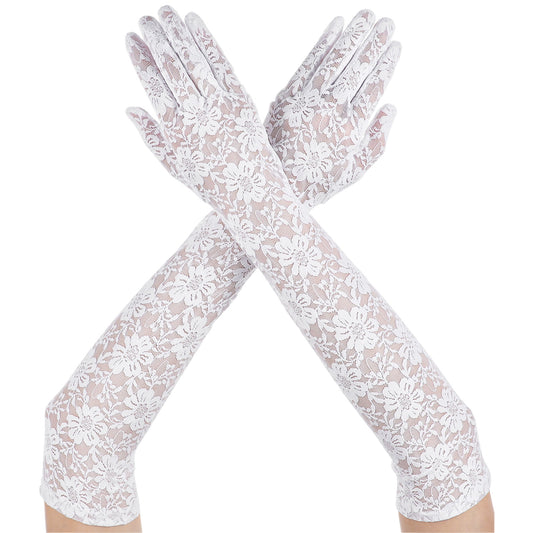 HaiFafafaing Long Lace Gloves Women Floral Elegant Lace Tea Party Opera Gloves Elbow Length for Party Dance Dress Wedding(White)