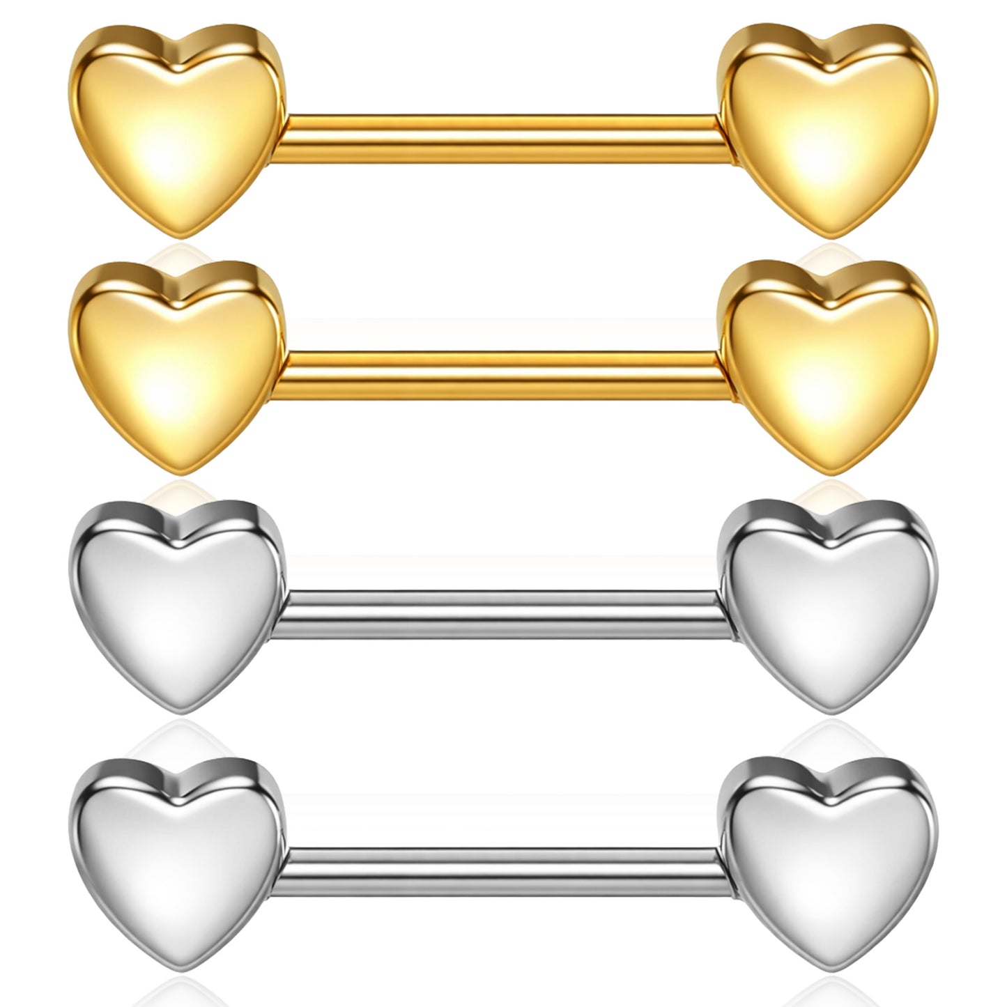 Gemoioio 2Pairs 14G Nipple Piercing, Heart Nipple Ring, Stainless Steel Love Heart Straight Tongue Ring Nipples Barbells Piercing Jewelry for Women(Gold, Silver)