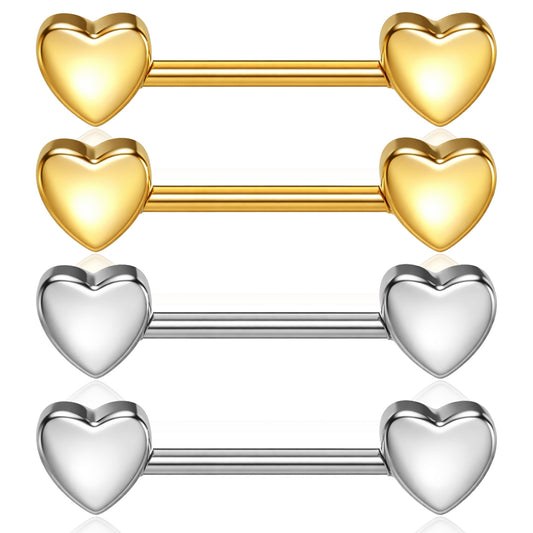 Gemoioio 2Pairs 14G Nipple Piercing, Heart Nipple Ring, Stainless Steel Love Heart Straight Tongue Ring Nipples Barbells Piercing Jewelry for Women(Gold, Silver)