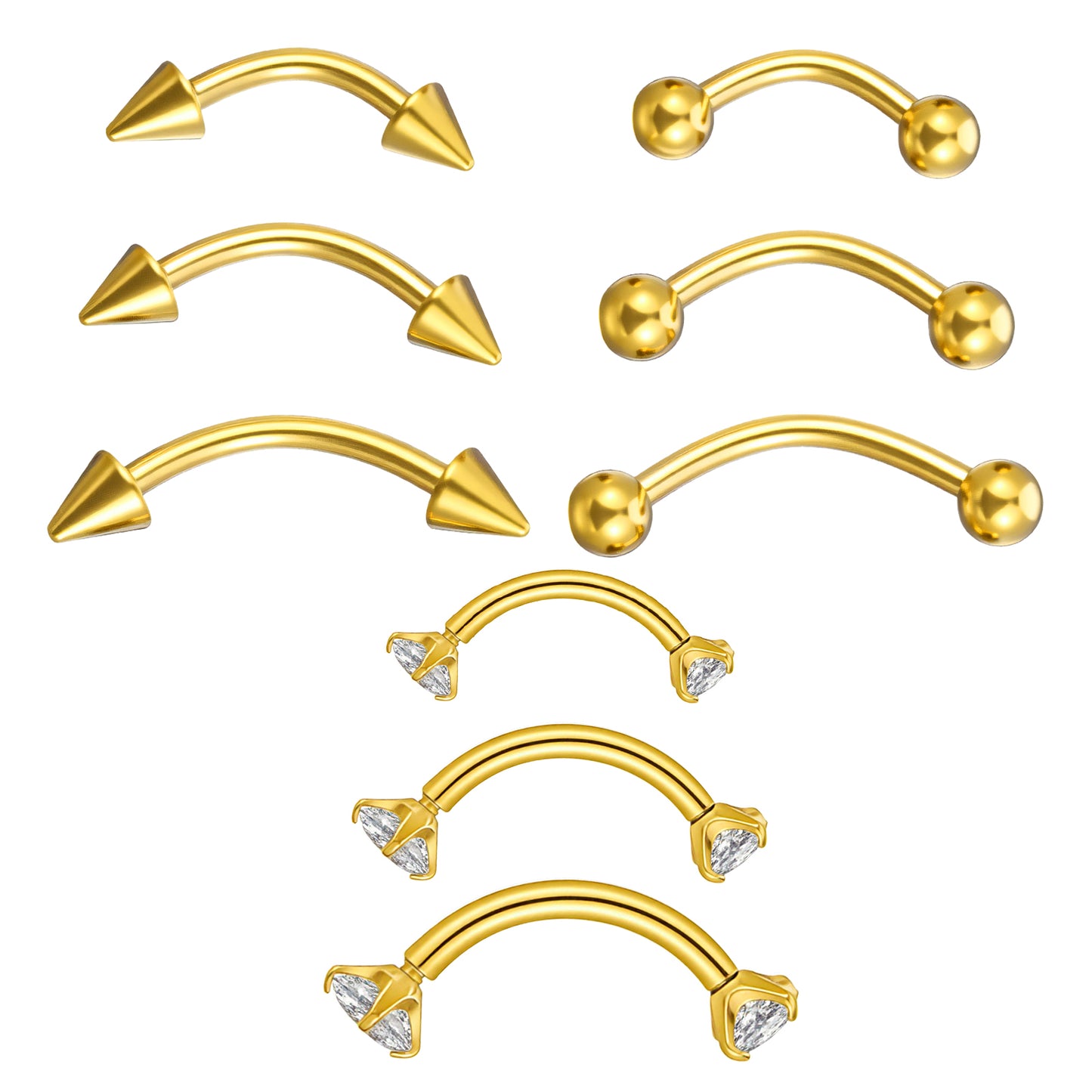 HaiFafafaing 9 Pcs Gold Eyebrow Piercing Jewelry - 16G Stainless Steel Gold Eyebrow Piercing for Women Men - CZ Labret Lip Daith Navel Belly Button Helix Tragus 6mm 8mm 10mm