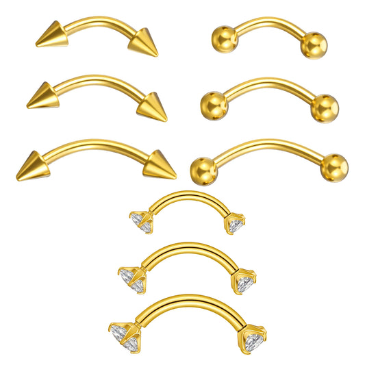 HaiFafafaing 9 Pcs Gold Eyebrow Piercing Jewelry - 16G Stainless Steel Gold Eyebrow Piercing for Women Men - CZ Labret Lip Daith Navel Belly Button Helix Tragus 6mm 8mm 10mm