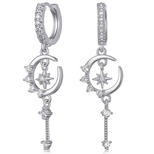 Yolev Star and Moon Hoop Dangle Earrings for Women Dainty Dangle Hoop Earrings Silver Plated Cubic Zirconia Dangling Earrings for Women Space Style Jewelry