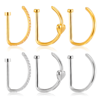 6Pcs D Shaped Fake Nose Ring Hoops 18G Stainless Steel Clip on Nose Ring Fake Lip Rings Faux Earring Septum Non Pierced Jewelry for Women Men (Gold, Silver)