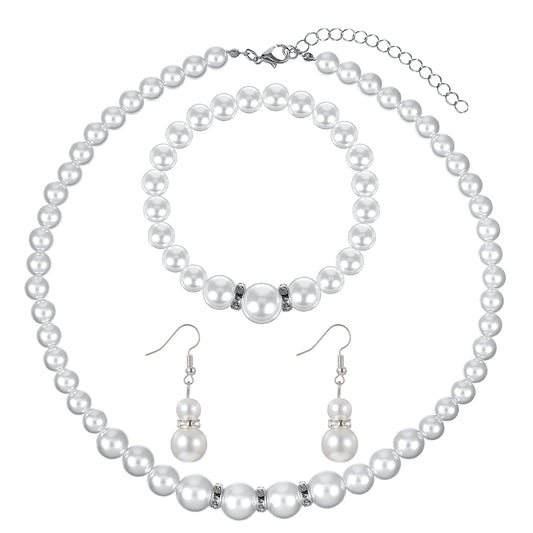 Yolev Pearl Jewelry Set for Women White Faux Pearl Earrings and Necklace Bracelet Set Rhinestone Crystal Pearl Set Jewelry for Women Bridal Wedding Birthday Valentine Christmas Day Gifts