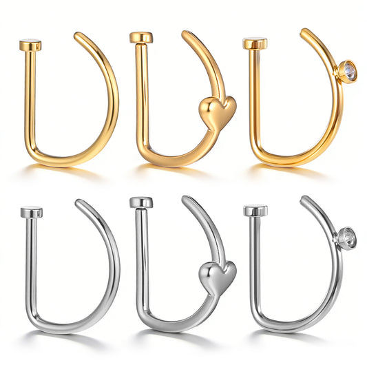 Tucnoeu 6PCS D Shape Fake Nose Ring Hoop, Silver Gold Clip On Faux Lip Piercings, Non-Pierced Jewelry for Women Men, Stainless Steel, Halloween Accessory